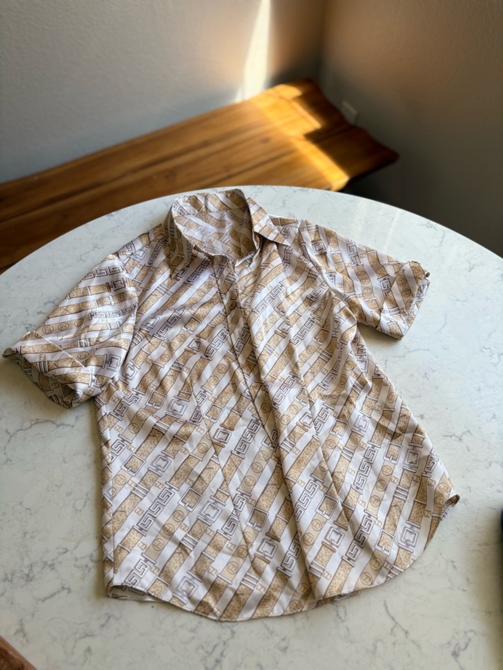 Short-Sleeve Button-Up blouse  in White and Tan - Picture 7 of 7
